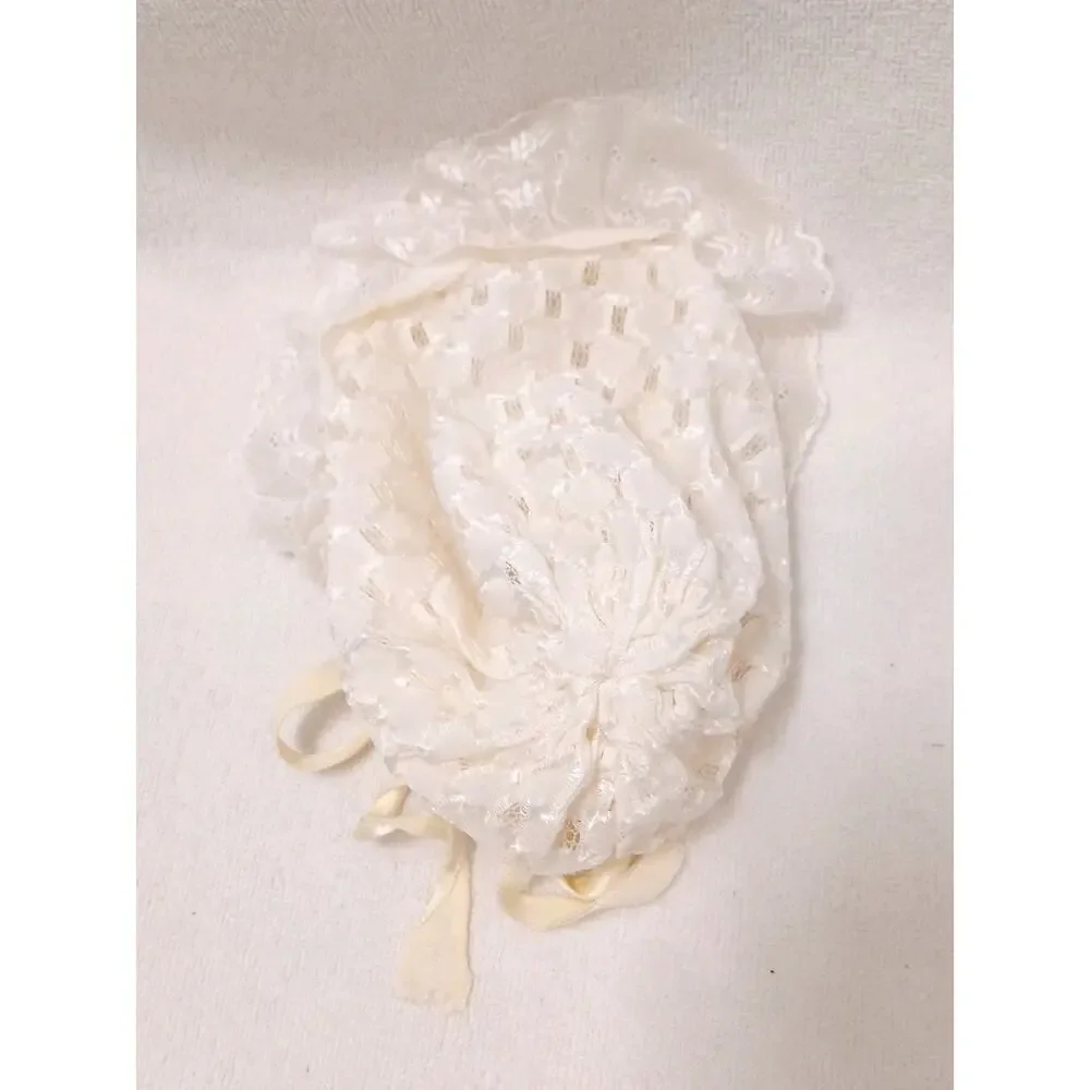 Antique Baby Bonnet Size Small Ivory Ruffled Lace Light Yellow Infant 0-2 Months